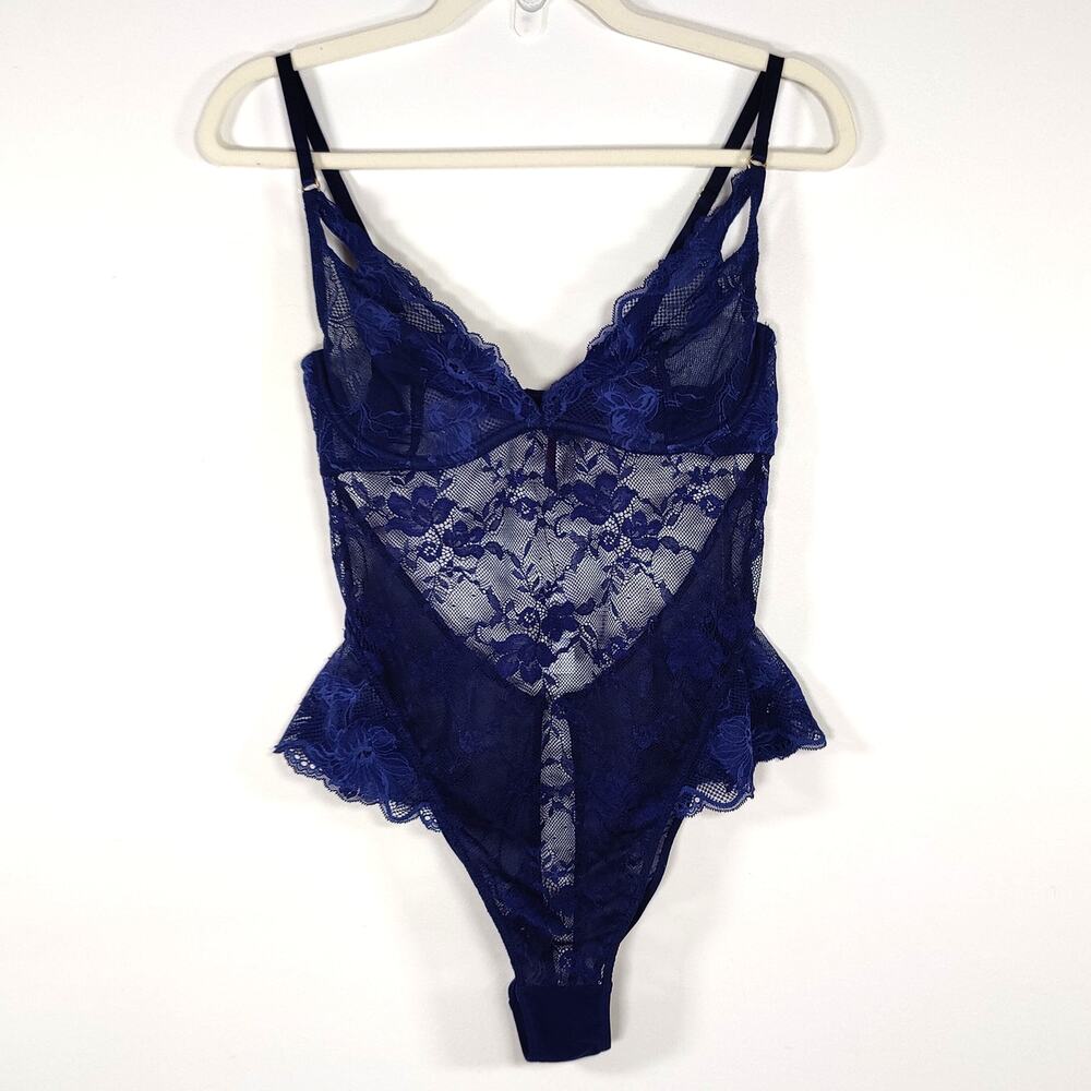 Adore Me Lace Mesh Teddy Bodysuit Navy Blue Sheer Floral M